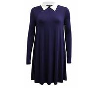 FAIRY TRENDZ LTD Womens Plain Collar Swing Dress Ladies Long Sleeve Fancy Parties Skater Flared Dress (Navy/White Collar UK 12-14)