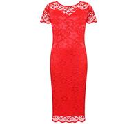 FAIRY TRENDZ LTD Womens Plus Size Floral Lace Lined Bodycon Midi Dress Ladies Short Sleeve Scallop Edge Dress (Red UK 22-24)