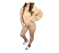 FAIRY TRENDZ LTD Womens Ruched Sleeve Hoodie Top and Bottom Set Ladies Casual Wear 2 Pcs Loungewear Tracksuit (Stone UK 16-18)