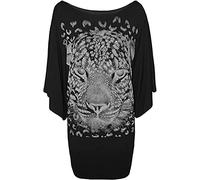 FAIRY TRENDZ LTD Womens Scoop Neck Batwing Sleeve Glitter Tiger Printed Top Ladies Sequin Baggy Fancy Parties T Shirt (Black UK 18)