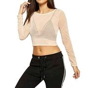 FAIRY TRENDZ LTD Womens Sheer Mesh Crop Top Ladies Long Sleeve Crew Neck Plain Stretch New UK 8-14 (Nude UK 8-10)