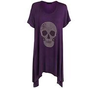 FAIRY TRENDZ LTD Womens Skull Sequin Stud Short Sleeve Shirt Ladies Hanky Hem Top Plus Size Diamante T Shirt (Purple UK 26-28)