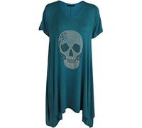 FAIRY TRENDZ LTD Womens Skull Sequin Stud Short Sleeve Shirt Ladies Hanky Hem Top Plus Size Diamante T Shirt (Teal UK 16)