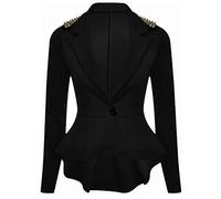 FAIRY TRENDZ LTD Womens Spike Shoulder Studded Blazer Ladies Peplum One Button Jacket Coat Top UK 8-26 (Black UK 16-18)