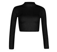 FAIRY TRENDZ LTD Womens Turtle Neck Crop Ladies Long Sleeve Plain Polo Short Stretch Party Wear Top (Black UK 8-10)