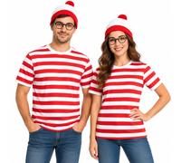 FAIRY TRENDZ Men Women World Book Day Costume Set | Red White Striped T-Shirt, Red-White Hat, Clear Lens Glasses, Sizes S-XXL, Unisex Book W ancy Dress, Literary Themed