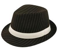FAIRY TRENDZ Mens Black White Pinstripe Trilby Hat With White Band Adults Dress Up Hat Al Capone Gangster Hat Halloween Party Accessory (Black)