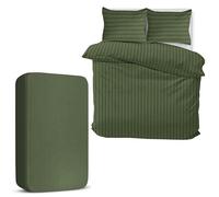 FAIRY TRENDZ Satin Stripe Bed Set 3 Piece Duvet Cover, Pillowcase & 30cm Deep Fitted Sheet, Hotel Quality Microfibre Bedding, Soft & Easy Care (King, Olive)