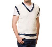 FAIRY TRENDZ Unisex Classic V Neck Sleeveless Thick Knitted Cricket Jumper Mens Womens Sport Sweater Pullover Tank Top Cream