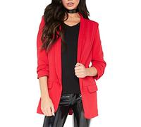 FAIRY TRENDZ Womens 3/4 Sleeve Frill Ruffle Duster Coat Ladies Plain Open Front Pockets Jacket Blazer Red