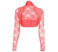 FAIRY TRENDZ Womens Cropped Floral Lace Bolero Shrug Ladies Long Sleeve Open Cardigan Crop Top Coral