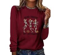 FAIRY TRENDZ Womens Dancing Skelton Printed Pull Over Sweatshirt Ladies Halloween Party Wear Casual Sweater Crew Neck Tops Wine