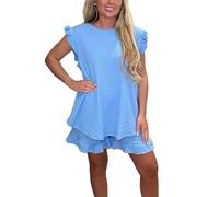 FAIRY TRENDZ Womens Frill Sleeve Soft Pop Corn Fabric Tops and Frill Pocket Shorts Set Co ord 2Pcs Loungewear Suit (Baby Blue UK 20-22)