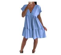 FAIRY TRENDZ Womens Front Pleated Lose Fit Frill Swing Dress Ladies Italian Smock Short Sleeve Mini Hanky Hem Dress One Size Fit 8-22 Sky Blue