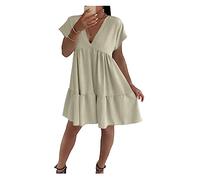 FAIRY TRENDZ Womens Front Pleated Lose Fit Frill Swing Dress Ladies Italian Smock Short Sleeve Mini Hanky Hem Dress One Size Fit 8-22 Beige