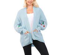 FAIRY TRENDZ Womens Long Balloon Sleeve Cherry Printed Short Cardigan Ladies Knitted Open Front Jumper Top (Sky Blue UK 12-14)