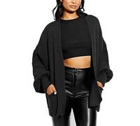 FAIRY TRENDZ Womens Long Balloon Sleeve Knitted Cardigan Ladies Open Front Oversized Pocket Sweater (Black UK 12-14)