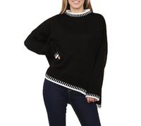 FAIRY TRENDZ Womens Long Sleeve Blanket Stitch Pullover Jumper Ladies Crew Neck Knitted Sweatshirt Top (Black UK 12)