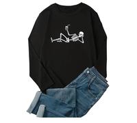 FAIRY TRENDZ Womens Long Sleeve Drinking Skeleton Print Sweatshirt Ladies Crew Neck Pullover Halloween Jumper (Black large)
