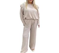 FAIRY TRENDZ Womens Long Sleeve Pop Corn Pattern Frill Arm Sleeve Tops Ladies Casual Wide Leg Flared Trousers Co Ord 2pcs Set