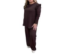 FAIRY TRENDZ Womens Long Sleeve Pop Corn Pattern Frill Arm Sleeve Tops Ladies Casual Wide Leg Flared Trousers Co Ord 2pcs Set