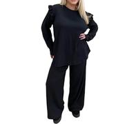 FAIRY TRENDZ Womens Long Sleeve Pop Corn Pattern Frill Arm Sleeve Tops Ladies Casual Wide Leg Flared Trousers Co Ord 2pcs Set