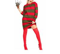 FAIRY TRENDZ Womens Long Sleeve Red and Green Stripe Jumper Dress Ladies Knitted Pullover Winter Sweater Halloween Dress