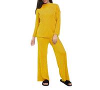 FAIRY TRENDZ Womens Long Sleeve Ribbed Round Neck Shirt Ladies 2 Pcs Cable Knitted Palazzo Trouser Loungewear Baggy Tracksuit Set