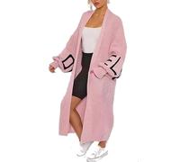 FAIRY TRENDZ Womens Love Print Balloon Sleeve Knitted Maxi Cardigan Ladies Open Front 2 Pocket Long Line Baggy Warm Long Cardigan Pink