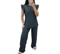 FAIRY TRENDZ Womens Pop Corn Pattern Frill Sleeve Tops and Wide Leg Flared Trousers Co ord 2Pcs Set Loungewear Tracksuit (Dark Grey UK 20-22)