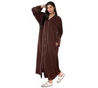 FAIRY TRENDZ Womens Round Neck Front Zip Kaftan Maxi Dress Ladies Long Sleeve Gold Stitching Over Size Abaya Dress One Size UK 8-14