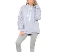 FAIRY TRENDZ Womens Ruched Sleeve Pullover Hoodie Ladies Ribbon Oversized Hooded Sweatshirt Casual Jumper Top Light Grey UK 12-14