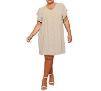 FAIRY TRENDZ Womens Short Sleeve Italian Front Button Dress Ladies V Neck Frill Oversized Plus Size Smock Dress One Size Fit UK 8-26 Beige