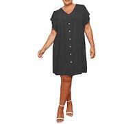 FAIRY TRENDZ Womens Short Sleeve Italian Front Button Dress Ladies V Neck Frill Oversized Plus Size Smock Dress One Size Fit UK 8-26 Black