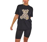 FAIRY TRENDZ Womens Short Sleeve Leopard Bear Printed Oversized T Shirt Ladies Crew Neck Summer Tops Graphic Print Shirt (Black UK 8-10)
