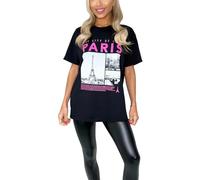 FAIRY TRENDZ Womens Short Sleeve The City of Love Paris Printed T Shirt Ladies Crew Neck Oversize Tops (Black UK 8-10)