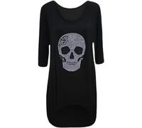 FAIRY TRENDZ Womens Skull Sequin Tail Back Dip Hem Oversized Top Ladies 3/4 Sleeve Scoop Neck Pullover Party Wear Shirt Top Black