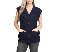 FAIRY TRENDZ Womens Sleeveless 5 Button Cable Knitted Grandad Cardigan Ladies 2 Pockets Winter Sweater Navy