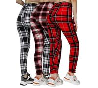 FAIRY TRENDZ Womens Tartan Check Printed High Waist Leggings Ladies 3Pcs Elastic Waist Skinny Pants Stretchy Bottom Leggings(Black+Red/White+Red Small)