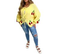 FAIRY TRENDZ Womens Tie Front All Over Cherry Print Knitted Cardigan Ladies Long Sleeve Ribbed Hem & Cuff Oversized Cardigan Sweater Yellow