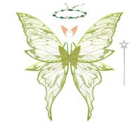 Fairy Wing Set 4 Pcs Gauze Fabric Fairy Wing Set With Wands Elf Ears Wreath and Angel Wings, Adjustable Strap Halloween Costume, Angel Wings Costume Party Present for Adult Women Kids Children(Green)