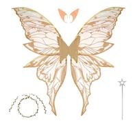 Fairy Wing Set 4 Pcs Gauze Fabric Fairy Wing Set With Wands Elf Ears Wreath and Angel Wings, Adjustable Strap Halloween Costume, Angel Wings Costume Party Present for Adult Women Kids Children(Golden)