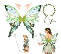 Fairy Wings, 7 Pcs Fairy Wings Adult Set with Wings Elf Ears Flower Crown | Sparkling Sheer Wings Magic Wand and Fairy Flower Arm Wrap for Halloween Angel Princess Fancy Dress Up (Green)