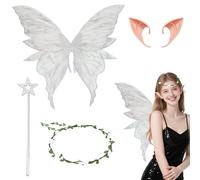 Fairy Wings Adult, 4pcs Fairy Wings and Wand, Flower Headband, Elf Ears, Silver Tinkerbell Wings for Adults Kids Halloween Christmas Dress Up Birthday Cosplay Party