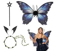 Fairy Wings Adult, Fairy Costume Tinkerbell Wings Set for Adult Kids, Butterfly Wing Princess Fancy Dress Up Costumes with Elf Flower Headband and Wand, for Halloween Birthday Party Cosplay