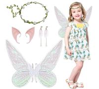 Fairy Wings, Angel Costume Accessories, 4 PCS Fairy Wings Adult with Butterfly Wings Flower Headband Earrings Elf Ears, Adult Fairy Wings for Halloween Christmas Carnival Party Cosplay (White) for 14+