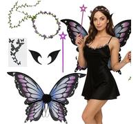 Fairy Wings, Butterfly Wings Adults, 5 PCS Angel Costume Accessories Set with Butterfly Wings Flower Headband Magic Wands Sticker and Elf Ears, Fairy Wings Adult for Halloween Party Cosplay for 14+