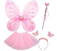 Fairy Wings Costume Kids, Fairy Costume Fancy Dress Up Tutu Skirt Butterfly Wings Set Dress Tulle Wands Hairband for Party Cosplay (2-10 Years)