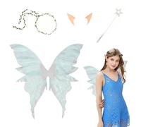 Fairy Wings Costume Set for Adults and Kids, Sparkling Sheer Wings Butterfly with Floral Headband, Magic Wands and Elf Ears, Halloween Party Costume Angel Wings for Women Girls (Blue)