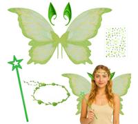 Fairy Wings, Fairy Wings Adult, 5 Pcs Fairy Costume Adult Kids Set Include Fairy Wings, Elf Ears, Flower Headband, Magic Wands and Sticker, Butterfly Wings Costume for Halloween Party Cosplay, for 14+